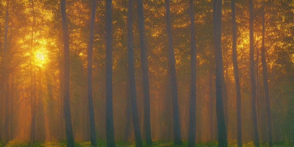 Prompt: An aesthetically pleasing, dynamic, energetic, lively, well-designed digital art of trees inside a forest during sunset, light and shadow, caustics, by Claude Monet, superior quality, masterpiece, excellent use of negative space. 8K, superior detail.