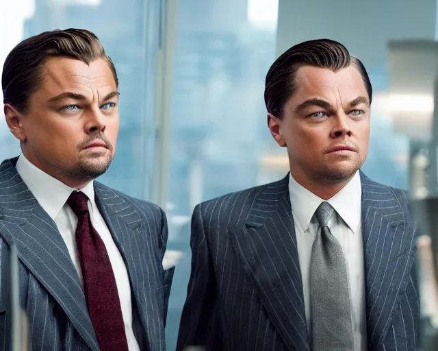 Prompt: leonardo dicaprio as the wolf of wall street next to margot robbie, cinematic, long shot, hyper detailed, hyper realistic faces, 8 5 mm photograph, 8 k resolution, film still, sharp lens, wide lens