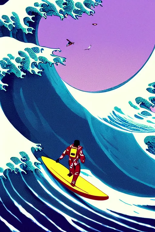 Image similar to a beautiful digital painting of an astronaut surfing the great wave off kanagawa on a purple surboard by greg rutkowski