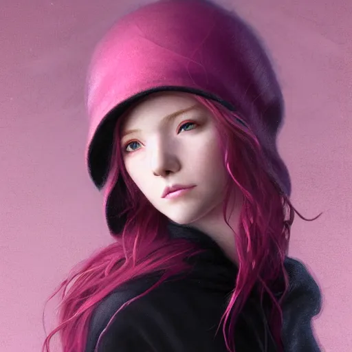 Prompt: a photorealistic dramatic fantasy render of a pink coloured haired young girl with a black wool modern hoody hat on her head by wlop, artgerm, greg rutkowski, alphonse mucha, beautiful dynamic dramatic dark moody lighting, shadows, cinematic atmosphere, artstation, concept design art, octane render, 8 k