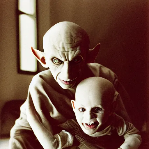 Image similar to portrait of nosferatu playing with his kid, realistic detailed photography, kodak 5 2 1 9 film, 5 0 mm lens