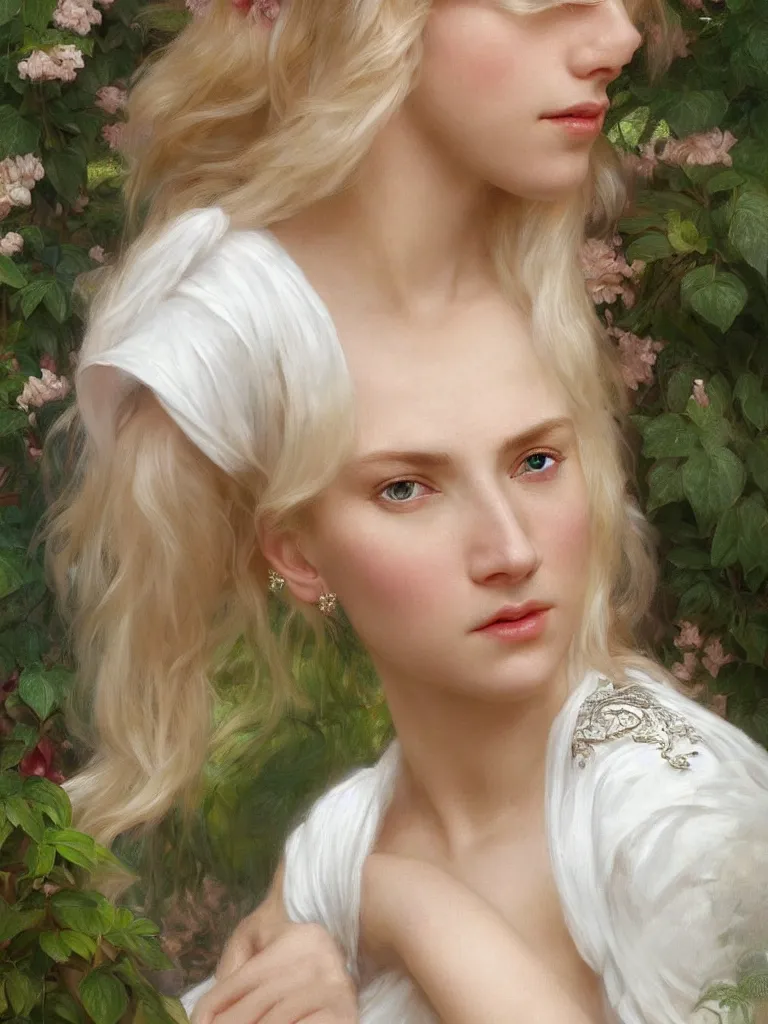 Image similar to 3/4 close up face Portrait of a beautiful Swedish princess in garden, white top, blond hair, piercing, intricate, elegant, highly detailed, artstation, concept art, intricate, highly detailed, sharp focus, exotic, orientalism, bouguereau, art by Artgerm and greg rutkowski and alphonse mucha