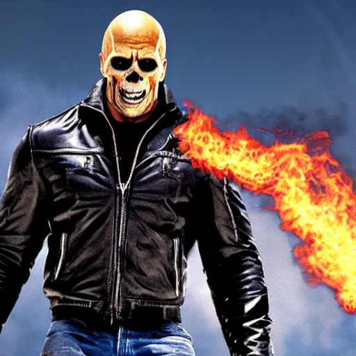 Image similar to dwayne johnson as ghost rider, showing his skull, gta cover art