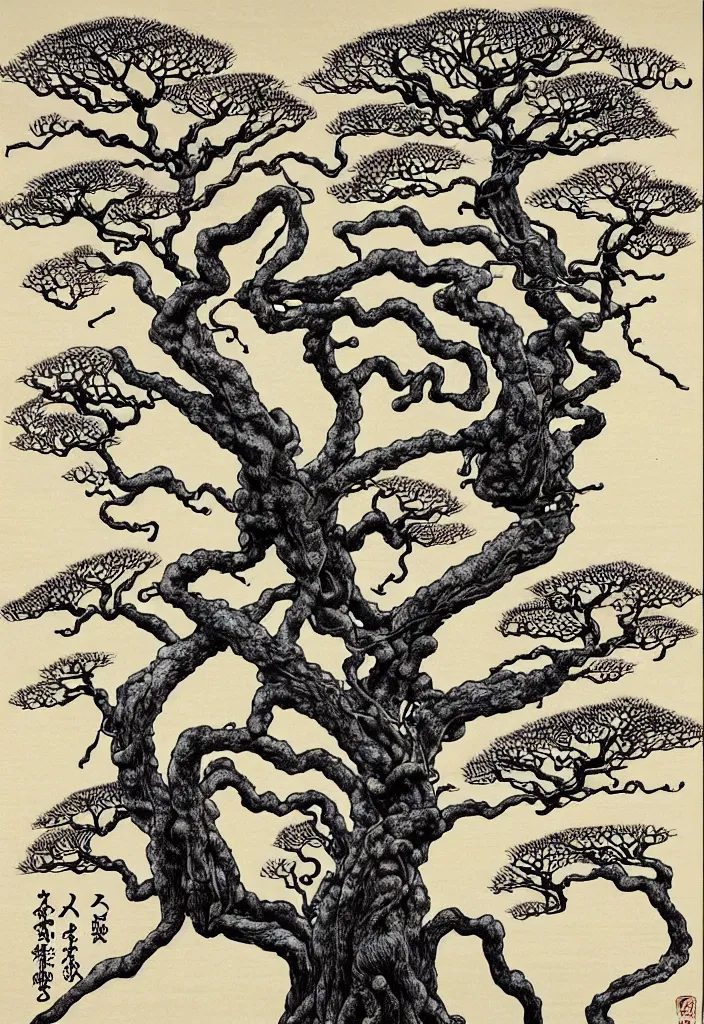 Image similar to prompt: anatomy dissection drawing veins and organs tree character drawn by Takato Yamamoto, bonsai anatomy atlas, veins and organs attached to tree roots, alchemical objects inspired by 1980's sci-ci, old experimentation cabinet, intricate oil painting detail, manga 1980