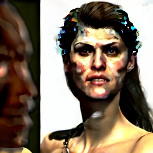 Image similar to a screenshot of alexandra daddario in the video game fallout new vegas. 3 d rendering. unreal engine. amazing likeness. very detailed. cartoon caricature