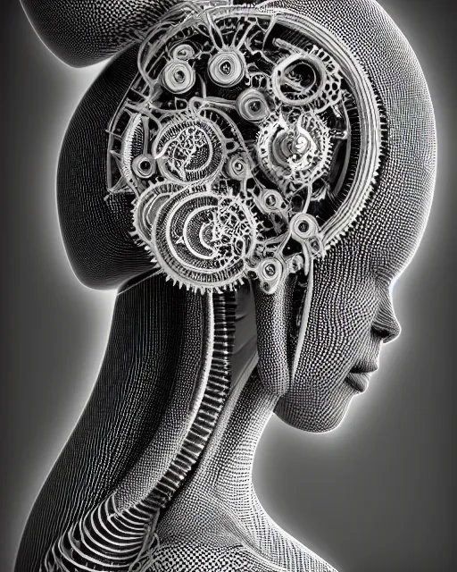 Image similar to mythical black and white organic bio-mechanical spinal ribbed profile face portrait detail of mechanical beautiful female angelic-vegetal-cyborg, highly detailed, intricate steampunk ornate, poetic, 3D render, digital art, octane render, 8K artistic photography, photo-realistic, by Dora Maar