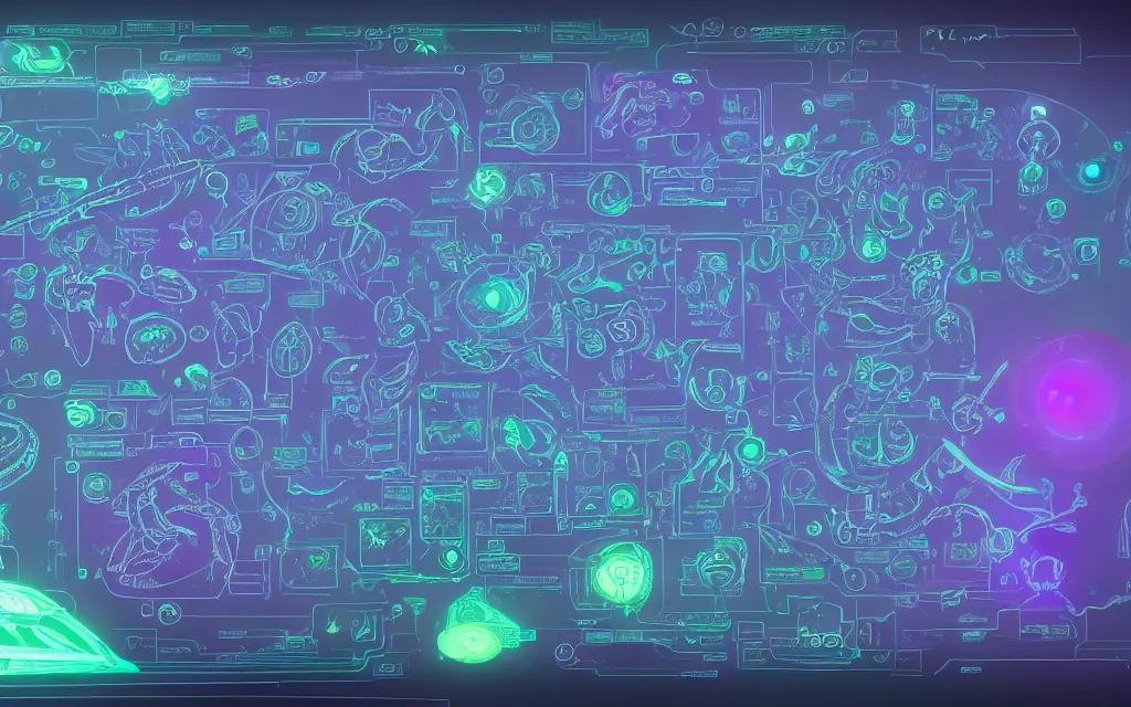 Prompt: alien glyphs hierarchical outline diagram by jayden hansen and tyler edlin, holograms, well designed futuristic software user interface for movie, colorful, great composition and information design, concept art, cinematic, trending on artstation, 4 k