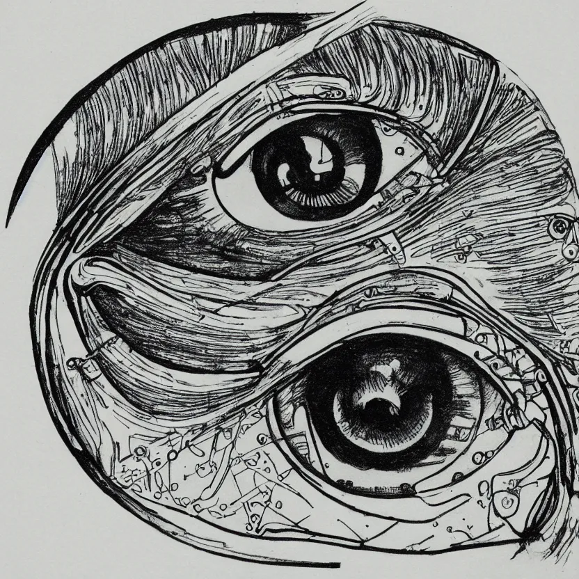 Prompt: art nouveau drawing of a complex cybernetic eye, business logo