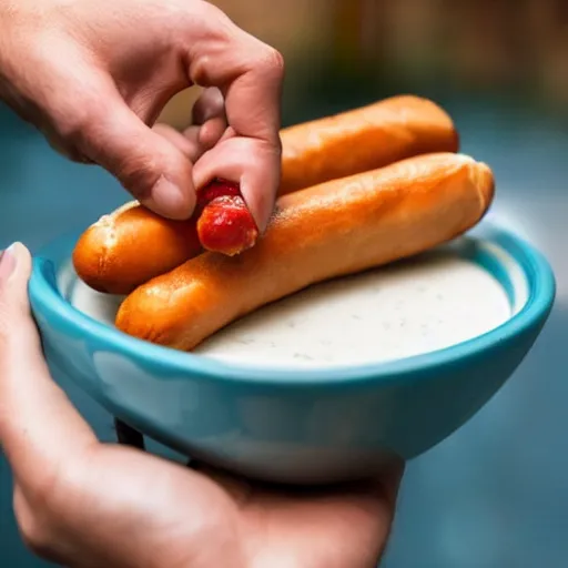 Prompt: fist holding a hotdog, dipping it into a large bowl of milk