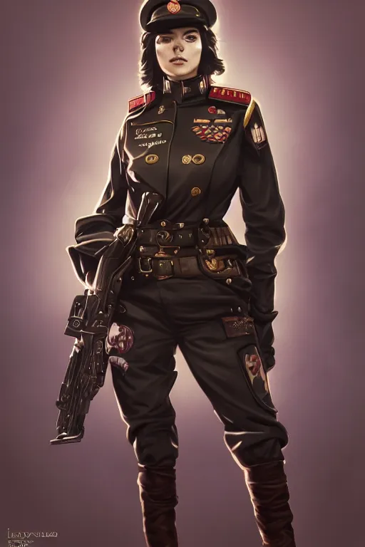 Image similar to Portrait of female commissar. warhammer 40k setting. Shaded lighting. by Ilya Kuvshinov, Rob Rey, Giuseppe Dangelico Pino. Cinematic. Dark Lighting. Rule of Thirds. Imposing, pointing, heroic, detailed, realistic, 8k, photorealistic