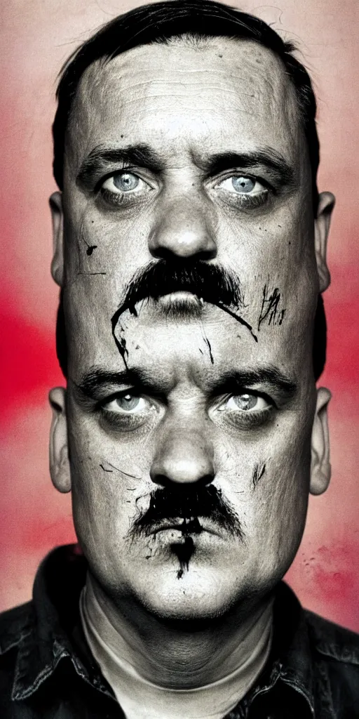 Image similar to award winning photo of mike patton mixed with hitler, vivid colors, happy, symmetrical face, beautiful eyes, studio lighting, wide shot art by roger ballen & francis bacon