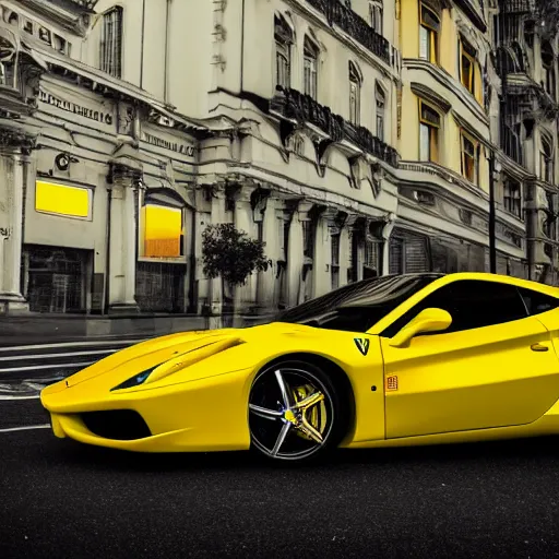 Prompt: hyperrealist highly detailed yellow Ferrari, visible driver, concept art pascal blanche dramatic studio lighting 8k wide angle shallow depth of field
