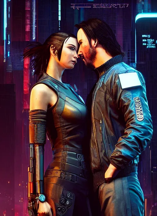 Image similar to a cyberpunk 2077 couple portrait of a Keanu Reeves as johnny silverhand and a female android in final kiss,love,fantasy, intricate, elegant,by Alex Horley,Heather Theurer,aaron horkey,Greg Rutkowski,artstation,deviantart,FAN ART,Digital painting,face enhance,highly detailed,8K,octane,golden ratio,cinematic lighting