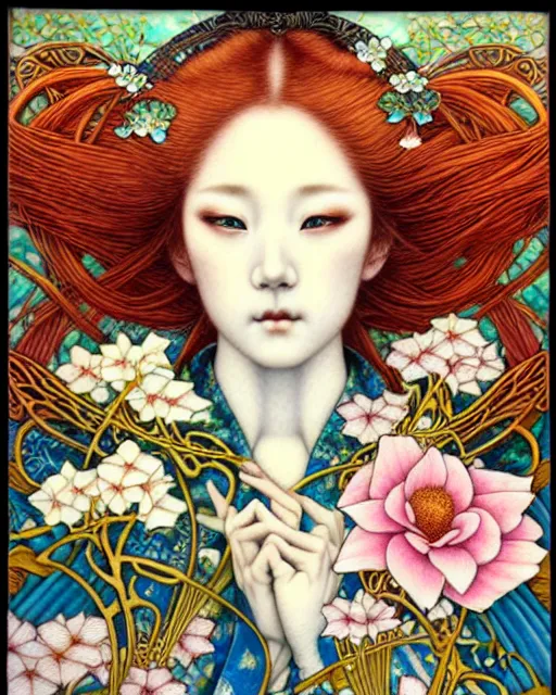 Prompt: beautiful and playful ethereal ginger portrait, art nouveau, fantasy, intricate japanese flower designs, elegant, highly detailed, sharp focus, art by chie yoshii