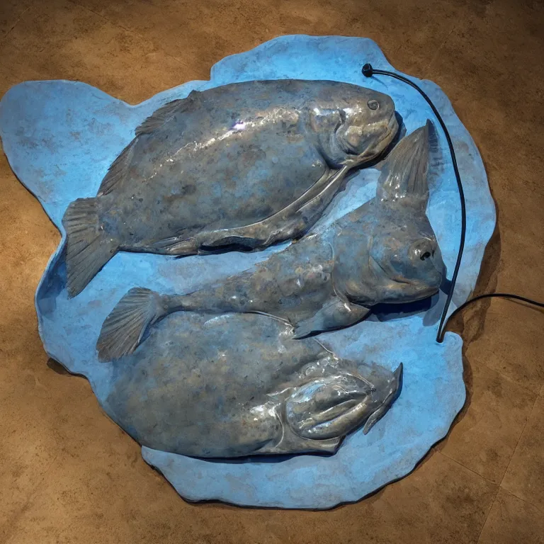 Image similar to hyperrealistic sculpture of a bronze fossilized flounder halibut emerging from a gridded blue silicone and latex pedestal by ron mueck and duane hanson and lee bontecou, hyperrealistic dramatic colored lighting trending on artstation 8 k