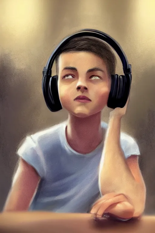 Image similar to a boy with headphones in a cafe, digital art, digital painting, masterpiece, concept art, trending on deviantart, highly detailed, high quality, anatomically correct, five fingers, cinematic, high coherence, soft lighting, soft colors, beautiful, elegant, short black hair, 4 k, symmetrical, realistic and detailed face, cartoon