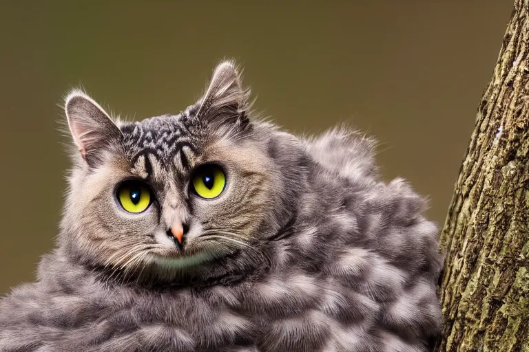 Image similar to a cat owl!!! hybrid! hyper realistic!! realistic lighting!! wildlife photographer of the year!!! bold natural colors, national geographic, hd, wide angle, 8 k