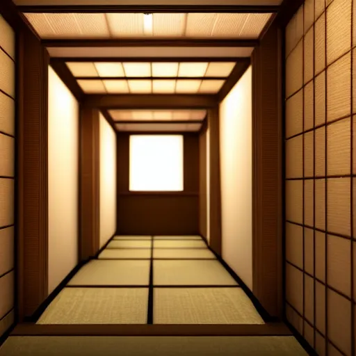 Prompt: still photo of a japanese hallway, highly detailed, photorealistic portrait, bright studio setting, studio lighting, crisp quality and light reflections, unreal engine 5 quality render