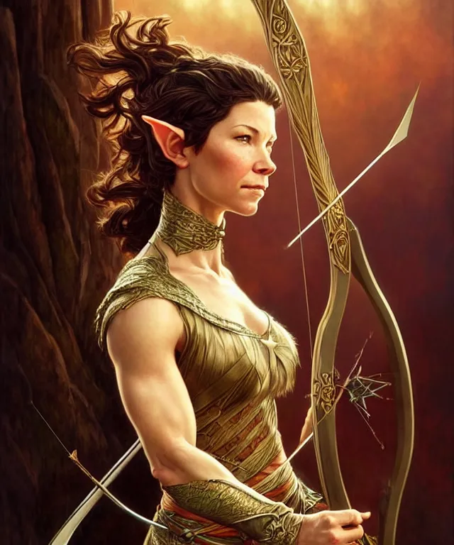 Image similar to Evangeline Lilly as a fantasy elf with a bow and arrow, portrait, fantasy, intricate, elegant, highly detailed, digital painting, artstation, concept art, smooth, sharp focus, illustration, art by artgerm and greg rutkowski and alphonse mucha