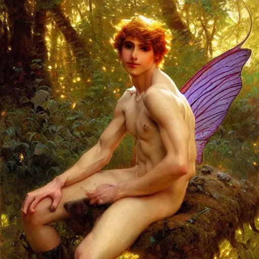 Prompt: attractive male fairy with wings in the forest, posing. highly detailed painting by gaston bussiere, craig mullins, j. c. leyendecker, 8 k