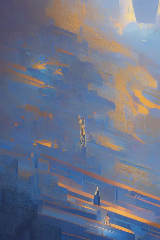 Image similar to art deco patterns, blue and gold, 8 k, powerfull, intricate, elegant, volumetric lighting, scenery, digital painting, highly detailed, artstation, sharp focus, illustration, concept art, ruan jia, steve mccurry, beksinski