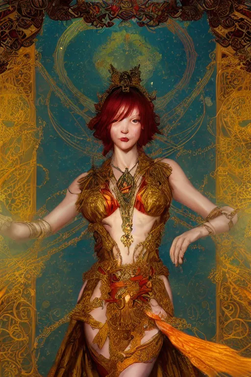 Image similar to tarot card artstation, portrait of a winged love dancer, sunrise, baroque ornament and rococo ornament, ancient chinese ornate, hyperdetailed, beautiful lighting, craig mullins, mucha, klimt, yoshitaka amano, red and gold and orange color palette