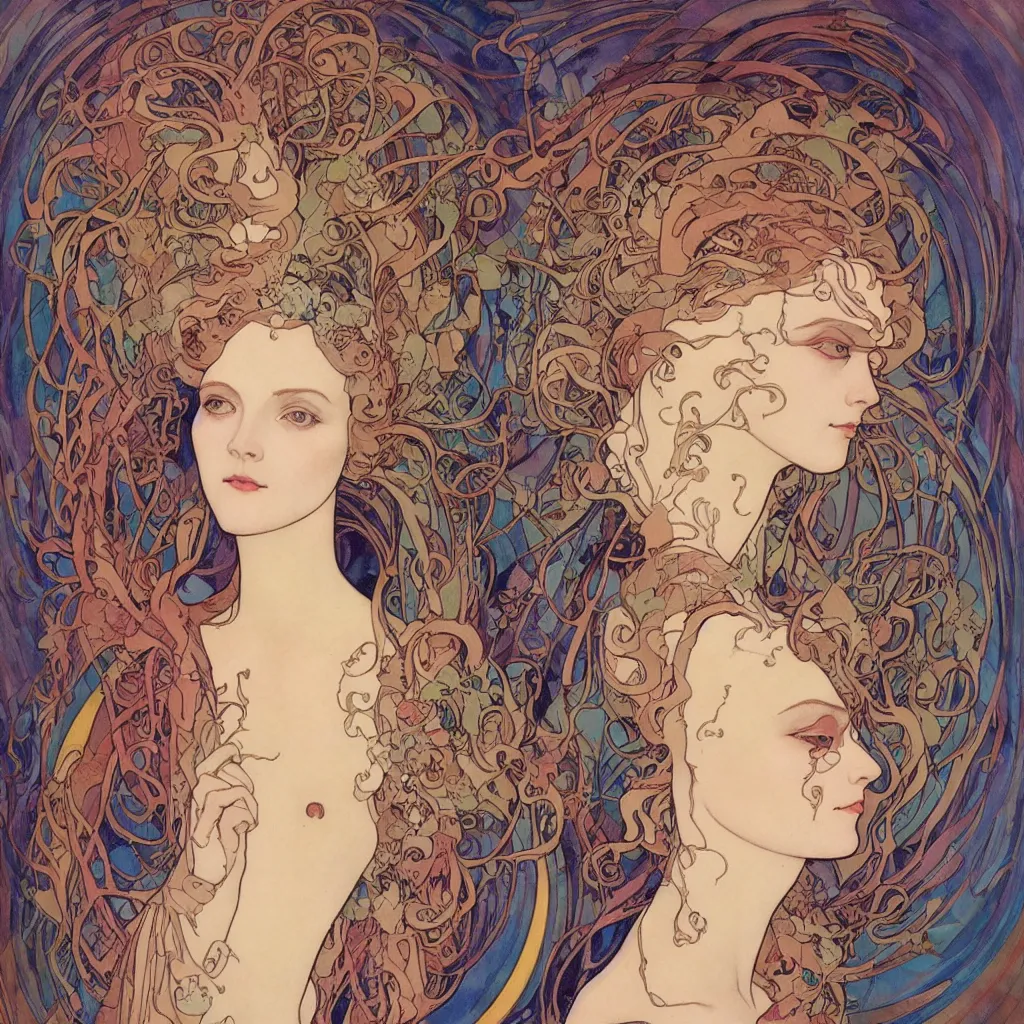 Image similar to The Goddess of Art, beautiful eyes, symmetrical face, paint, ink, palettes, spectrum, in the style of Joshua Middleton, Mucha, Kandinsky