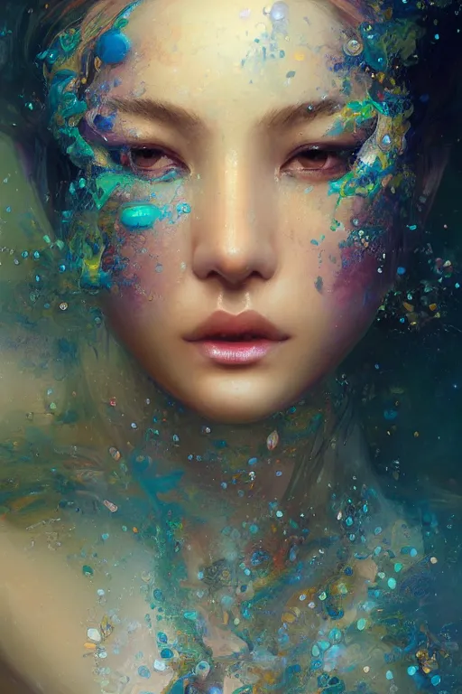 Prompt: face closeup of beautiful girl in intricate detailed color smashing fluid oilpaint, 3 d render, hyper realistic detailed portrait, fyling silk, ruan jia, wlop. scifi, fantasy, hyper detailed, octane render, concept art, by peter mohrbacher, by gustav klimt, by wlop, by ruan jia