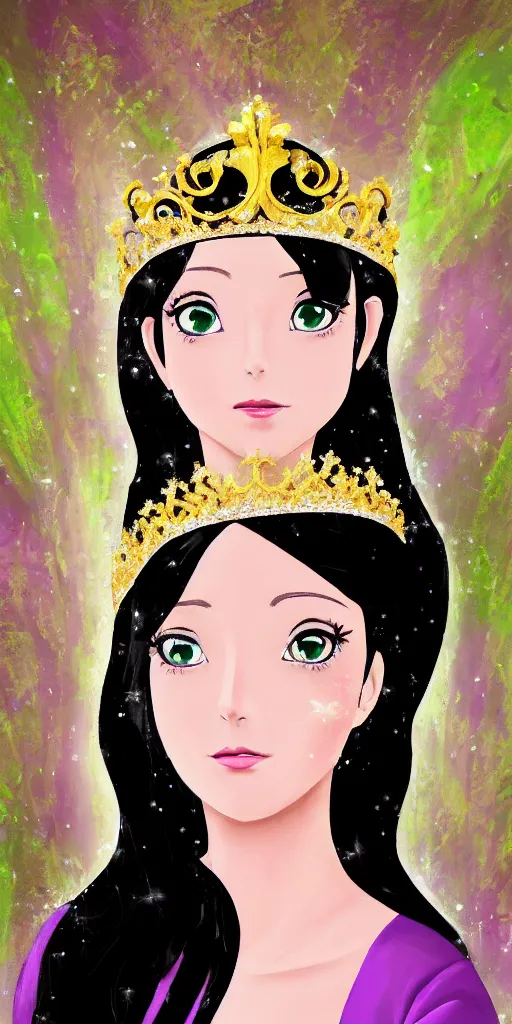 Image similar to Oil painting of a princess wearing a lavanda color dress, and a tiara with emeralds, long and straight black hair, digital art, 4k, anime style