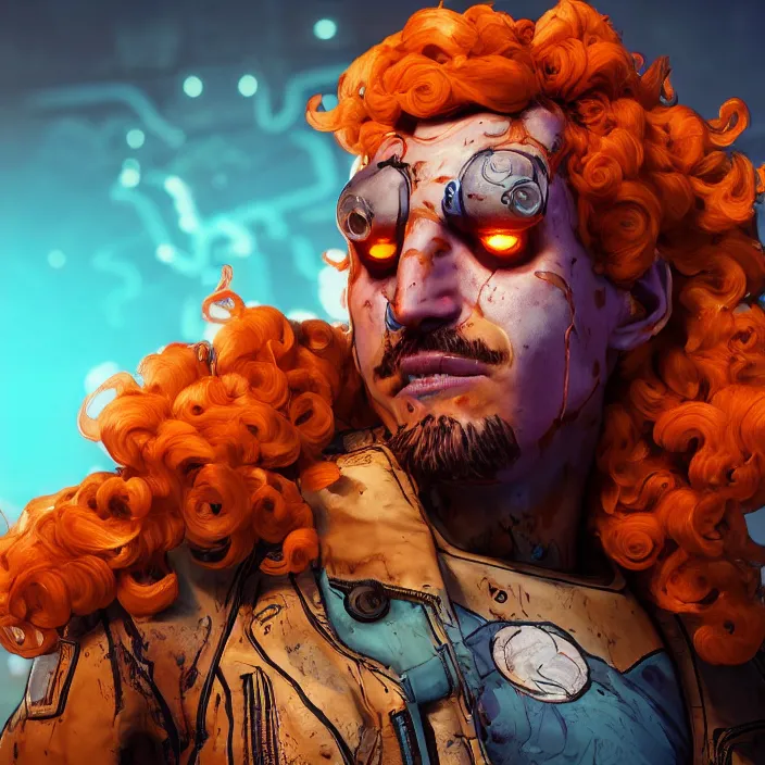 Image similar to glowwave portrait of curly orange hair man from borderlands 3, au naturel, hyper detailed, digital art, trending in artstation, cinematic lighting, studio quality, smooth render, unreal engine 5 rendered, octane rendered, art style by klimt and nixeu and ian sprigger and wlop and krenz cushart.