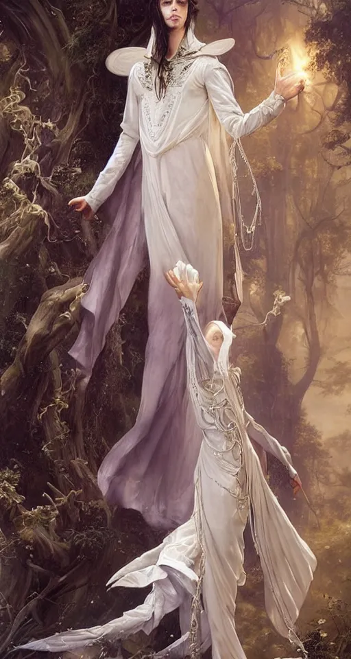 Prompt: full-body skinny male royal magician in fantasy luxurious long clothes embroidered with silver, voluminous sleeves, long wavy dark hair, long braid, pale skin, silver and pearl jewelry, 19th century fantasy, ethereal, graceful, elegant, highly detailed, intricate, dramatic lighting, art by Peter Mohrbacher, Bouguereau, Ivan Bilibin, Alphonse Mucha