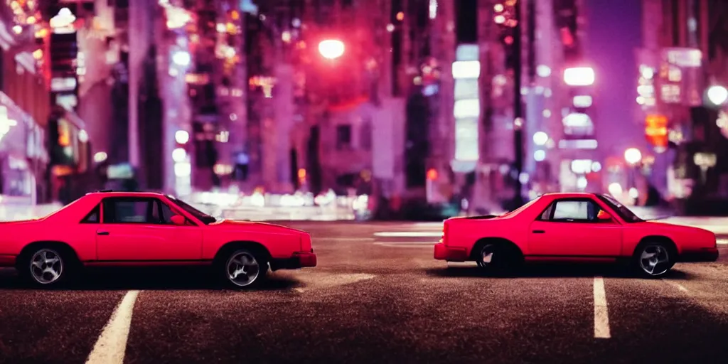 Prompt: 80s red sports car on deserted city street at night time, purple lighted street, wide angle, cinematic, retro-wave vibes, grainy, soft motion blur, VHS Screencap