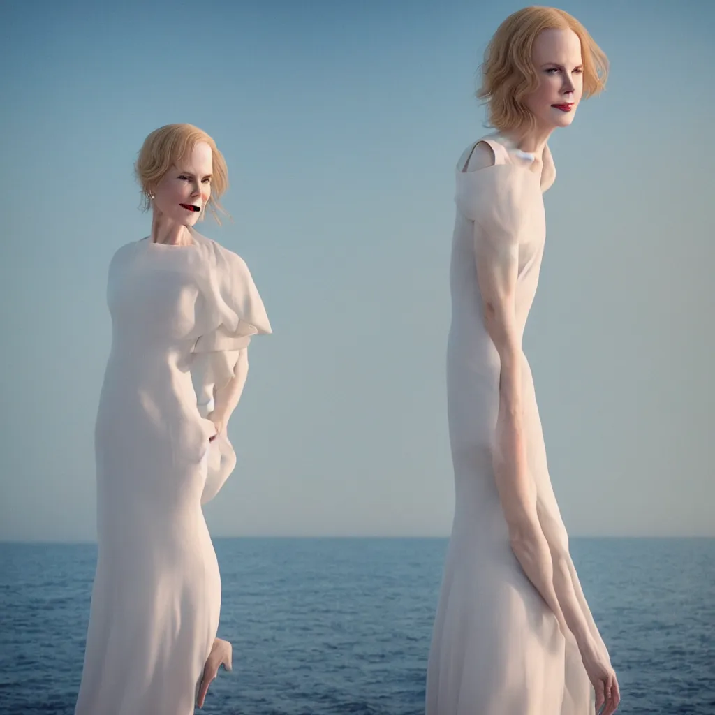 Prompt: a portrait photography of Nicole Kidman with full body dress in white by Flora Borsi, stand up with the sea behind, soft sunset lighting, pastel colors scheme, fine art photography, dramatic backgroung, 50 mm sigma art