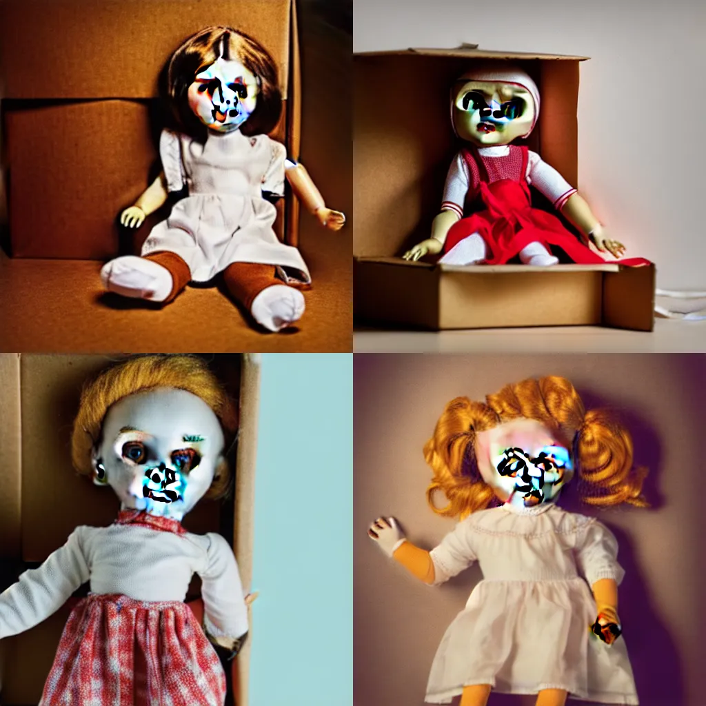 Prompt: the creepy doll in the box asking if you will fix it a snack too while you are up, studio lighting, warm colors