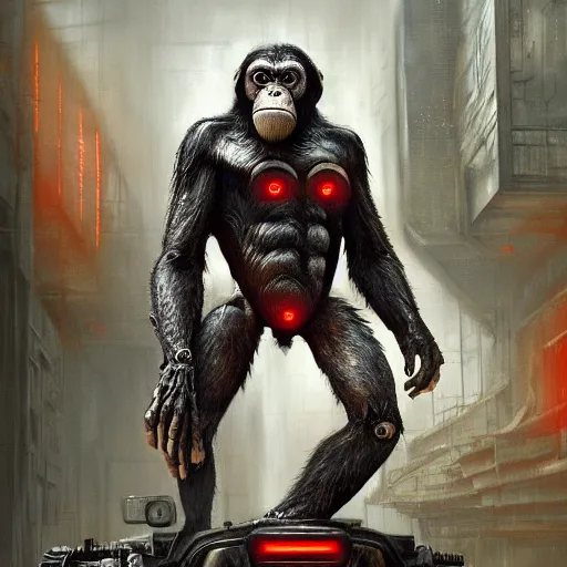 Prompt: a biomechanical cyborg ape from planet of the apes, with one red glowing eye sitting on top of a tank, hero character art, scars, by chris leib and greg rutkowski and android jones in a dark fantasy cyberpunk!! style, oil on canvas, h.r. giger, volumetric lighting, 8k, hd.