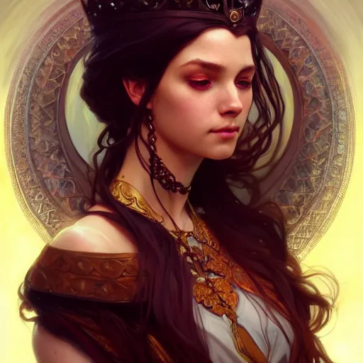 Prompt: portrait of a young beautiful Queen, D&D, fantasy, intricate, beautiful eyes, cinematic lighting, highly detailed, digital painting, Artstation, concept art, smooth, sharp focus, illustration, art by Artgerm and Greg Rutkowski and Alphonse Mucha