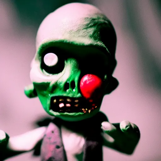 Image similar to a cinematic film still of a claymation stop motion film starring a cute zombie, shallow depth of field, 8 0 mm, f 1. 8