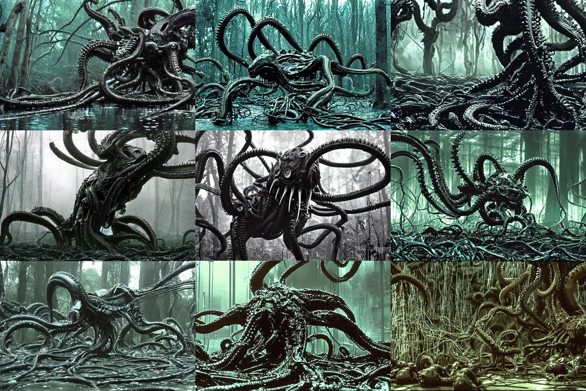Prompt: Xenomorph octopus in a Swamp full of trees made out of thousands of wires and pipes, Large Xenomorph approaching, film still from Aliens by James Cameron