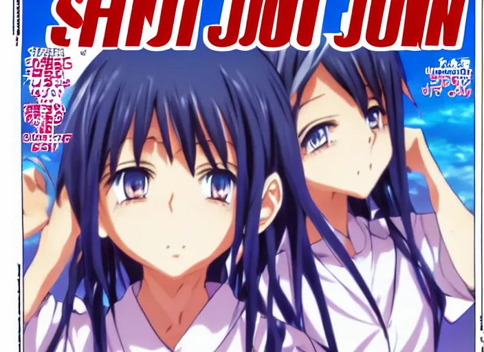 Image similar to ;Weekly Shonen Jump Issue 14, cover, 2000 clannad shuffle toheart event'anime illustration japanese very very beautiful cute girls doing cute things trending on artstation pixiv makoto shinkai smiling super detailed eyes eyebrowless symmetry face visual novel hairpin star