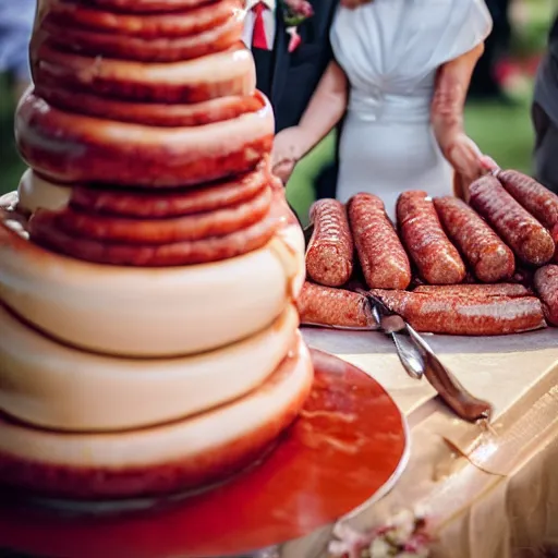 Prompt: a wedding cake made entirely out of meat and sausages with ketchup sauce. During wedding. Highly detailed 8k