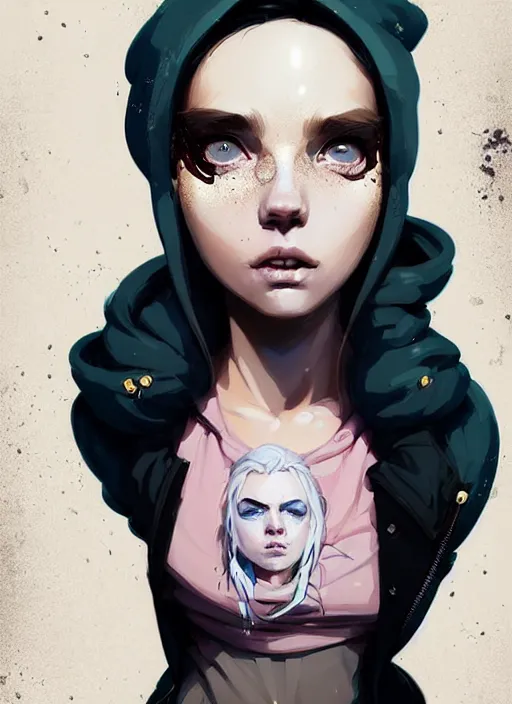 Image similar to highly detailed portrait of a sewer punk lady student, blue eyes, burberry hoodie, white hair by atey ghailan, by greg rutkowski, by greg tocchini, by james gilleard, by joe fenton, by kaethe butcher, gradient gold, black, brown and pink color scheme, grunge aesthetic!!! ( ( graffiti tag wall background ) )