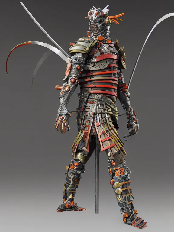 Prompt: full body front view portrait of natural, bio - mechanical ninja samurai, character design, correct anatomy, made in blender, octane render, ray tracing, ultra detailed, fantasy, neon lighting, intricate and highly detailed, coloured with lots of colour, pose, fantasy, sharp focus,