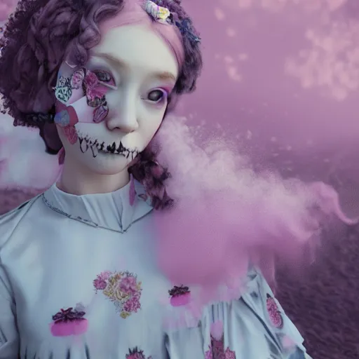 Prompt: 8 k, octane render, realism, tonalism, renaissance, rococo, baroque, cotton candy, portrait of a creepy young lady wearing long - harajuku manga - dress with flowers and skulls