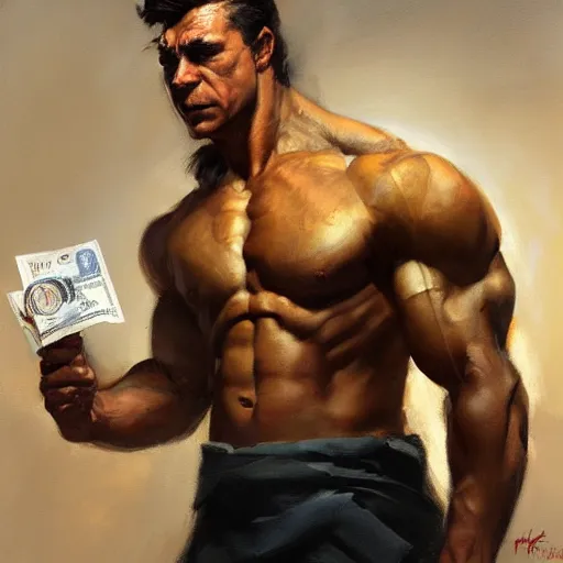 Prompt: A muscular male holding a stack of money, oil on canvas by Frank Frazetta, digital art, Mandy Jurgens, WLOP, CGSociety