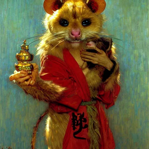 Prompt: furry splinter ninja rat wearing a red kimono hairy furry body furry arms feet. highly detailed painting by gaston bussiere craig mullins jc leyendecker gustav klimt artgerm greg rutkowski