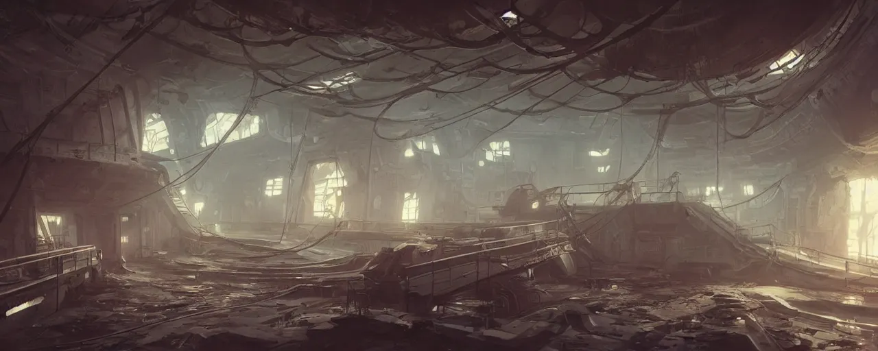 Prompt: interior of a derelict ship with lots of alien infestations and wires hanging from the ceiling, 8 k uhd, unreal engine, octane render in the artstyle of finnian macmanus, john park and greg rutkowski