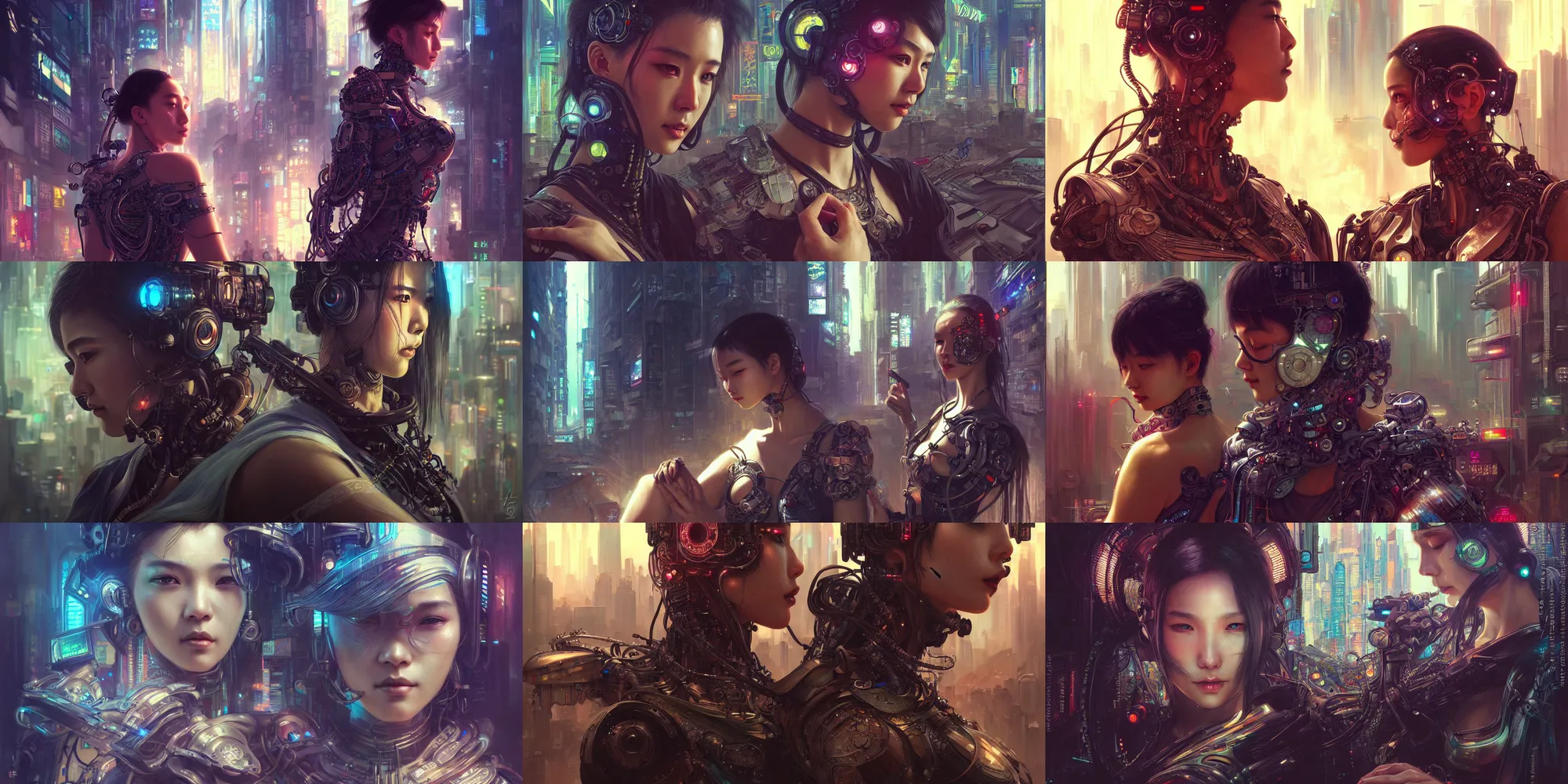 Prompt: ultra realistic beautiful cyberpunk kowloon techno art, beautiful alluring cyborg, sci - fi, fantasy, intricate, elegant, highly detailed, digital painting, artstation, concept art, smooth, sharp focus, illustration, art by artgerm and tian zi and alphonse mucha and xiaoguang sun