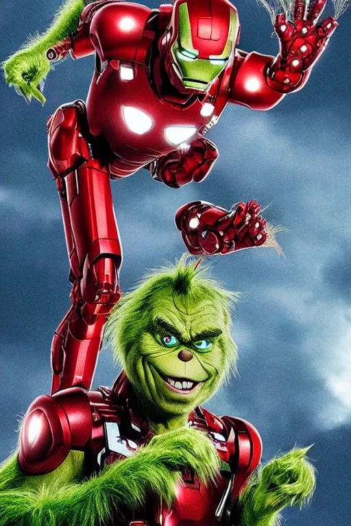 Prompt: The Grinch stole Ironman's armor, Grinch is Ironman, Ironman starring The Grinch