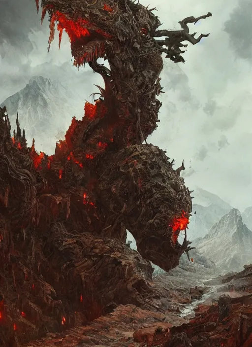 Prompt: a friendly monster in the mountains of hell, oil painting by tomasz jedruszek and greg rutkowski, cinematic lighting, pen and ink, intricate line, hd, 4 k, million of likes, trending on artstation