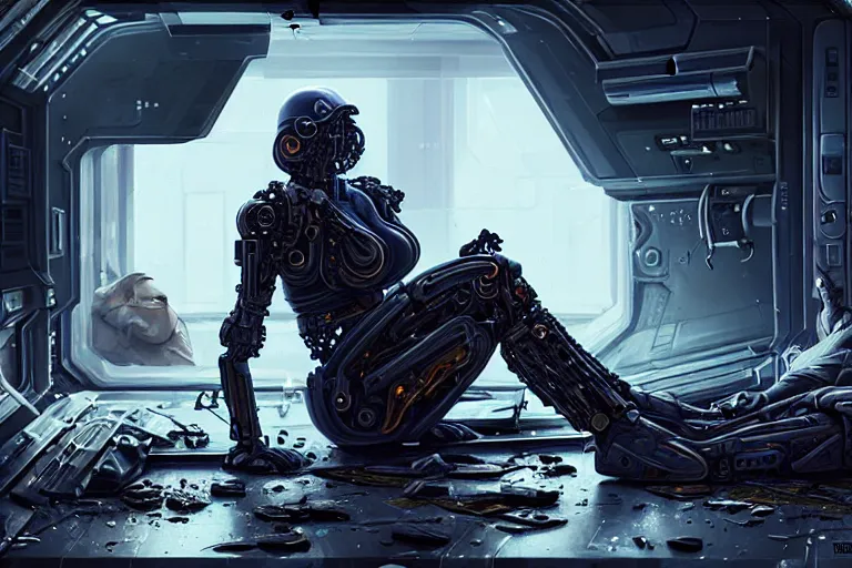 Prompt: Ultra realistic illustration, beautiful alluring damaged combat cyborg sitting on the floor of a smoldering crashed spaceship while being put back together in an super advanced military medical bay, cyberpunk, sci-fi, fantasy, intricate, elegant, highly detailed, digital painting, artstation, concept art, smooth, sharp focus, 8k, illustration, art by artgerm and greg rutkowski and alphonse mucha